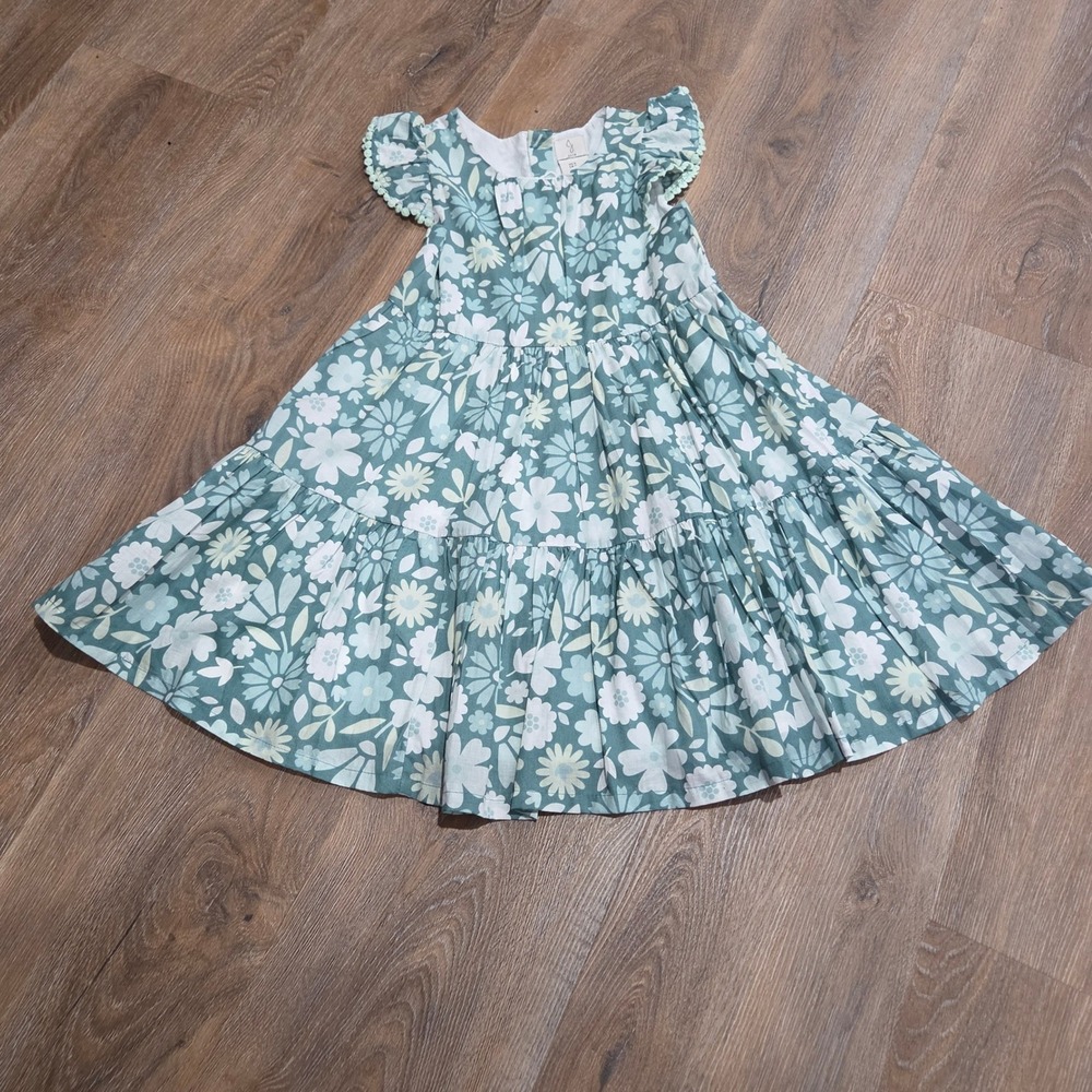 Joie Girls Floral Tiered Dress Teal White Cotton Ruffle Pom Pom Size 6 NEW